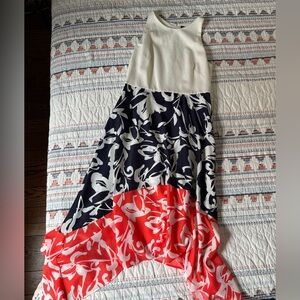 Women’s Colorblock Floral Asymmetrical Midi/Maxi Dress in White, Navy & Coral